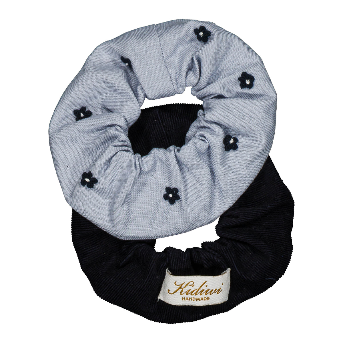 Tic & Tac, set of 2 scrunchies, in Artic blue organic cotton twill & Navy corduroy