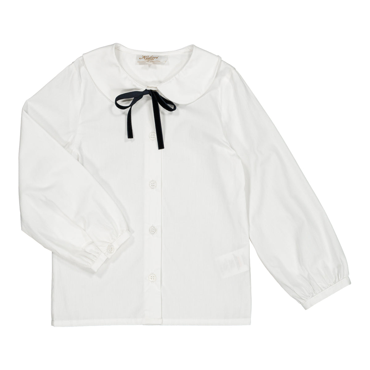 Octavia, girl blouse, in white poplin with navy ribbon