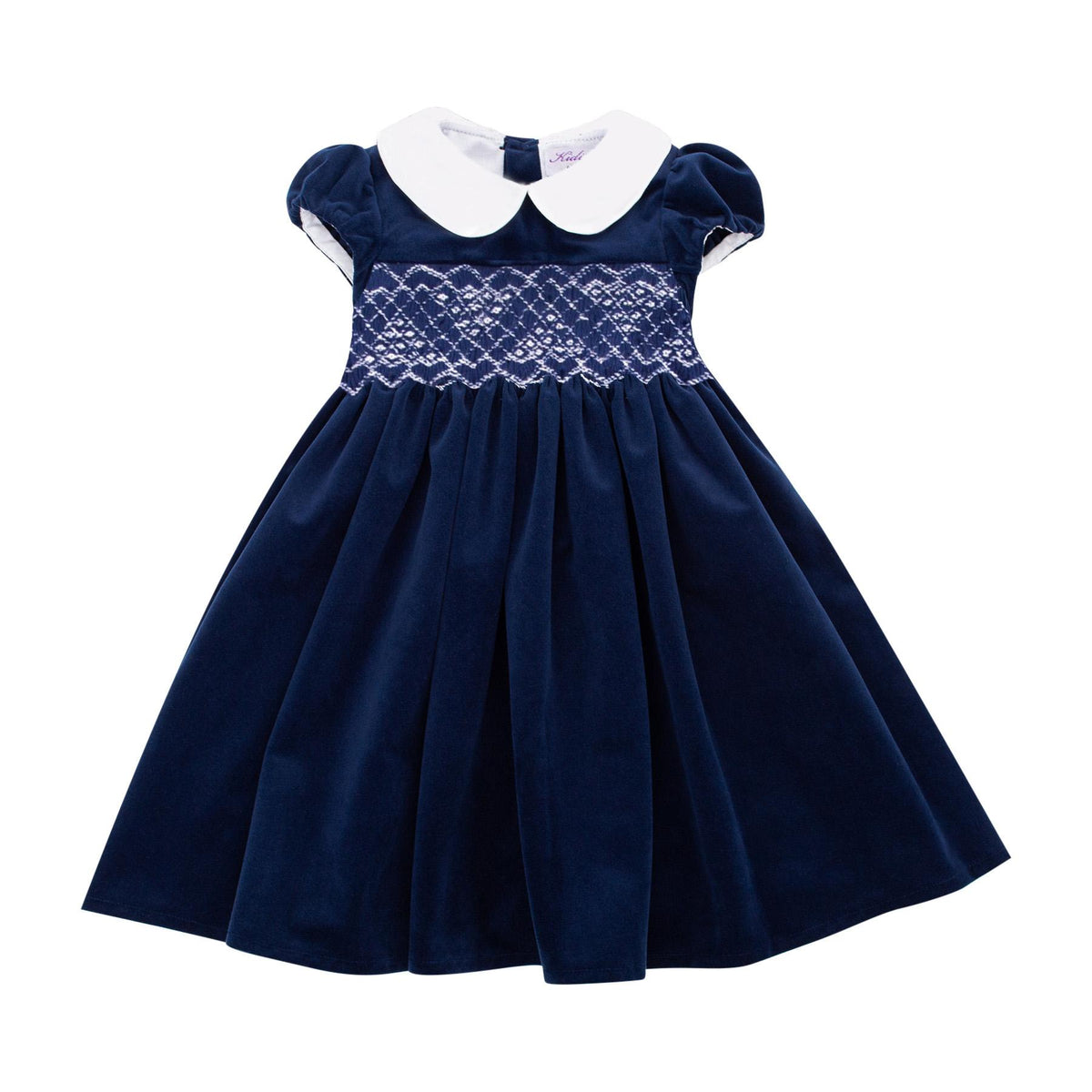 Clémence, *puffed sleeved* Dress with peter pan collar, smocked waist, zipped back opening, in Navy velvet