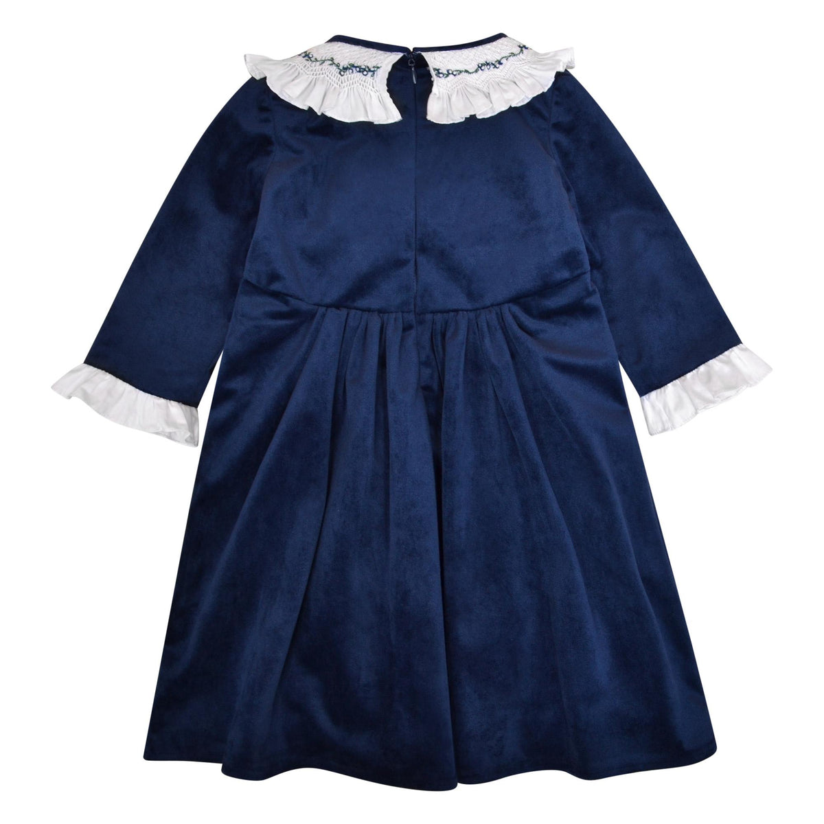 Swann, Dress smocked and embroidered ruffle collar, rounded waist cutout, zipped back opening, in Navy velvet