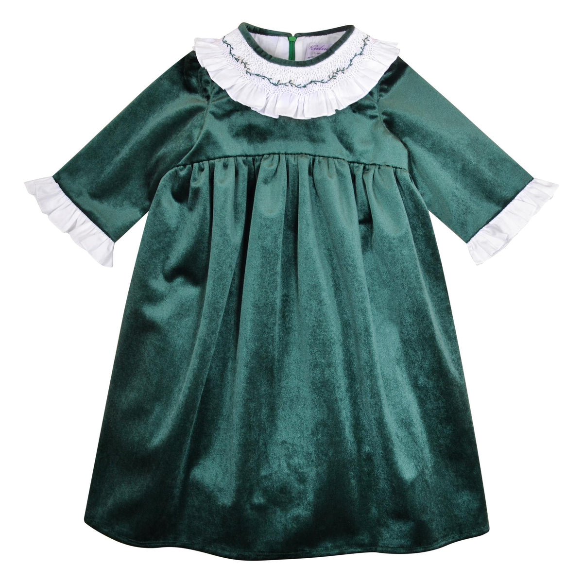Swann, Dress with smocked and embroidered ruffle collar, rounded waist cutout, zipped back opening, in Emerald green velvet