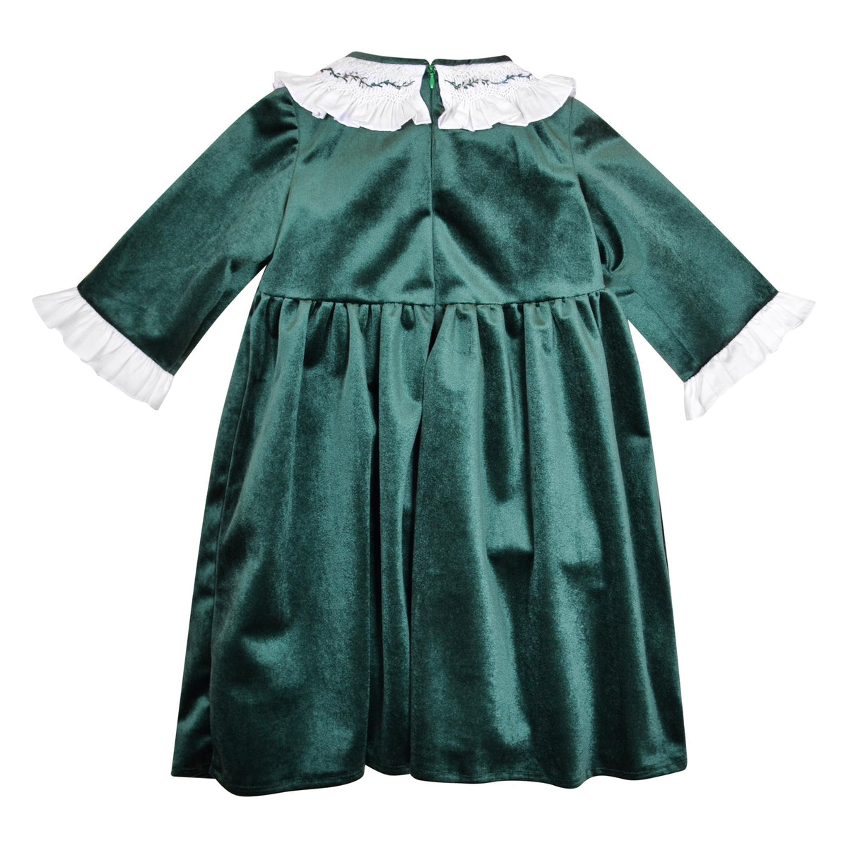 Swann, Dress with smocked and embroidered ruffle collar, rounded waist cutout, zipped back opening, in Emerald green velvet
