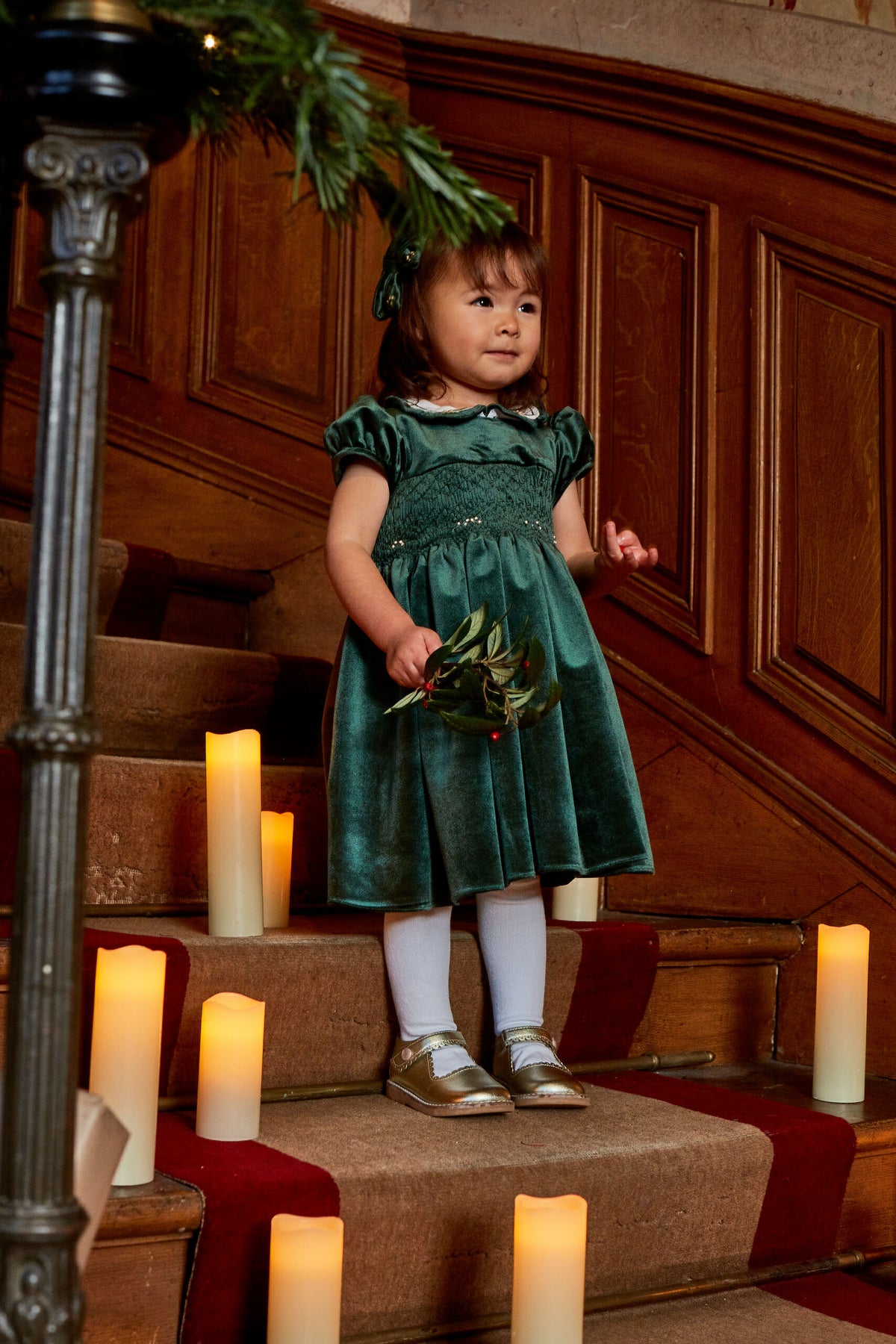 Héloïse, smocked dress, in Emerald green velvet
