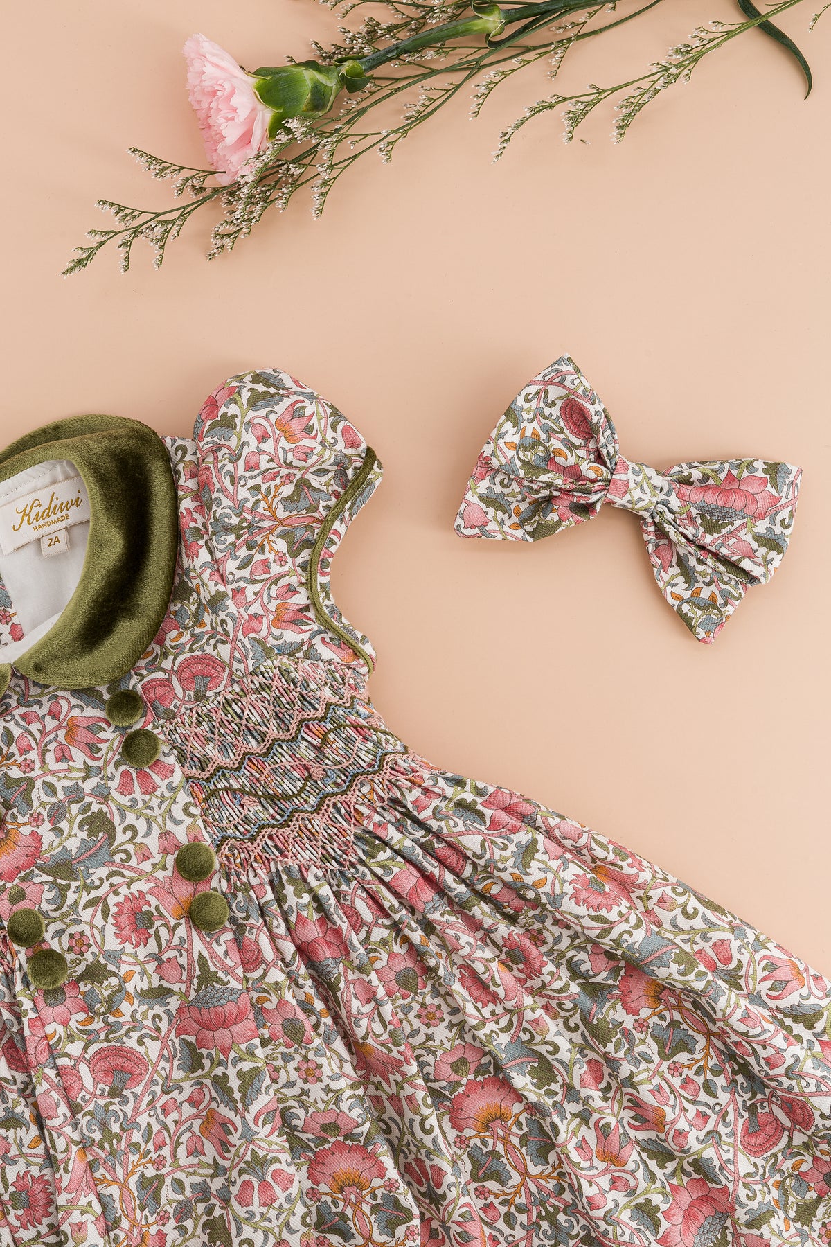 Rison, smocked dress, in Pink baroque flower print with Olive velvet  collar