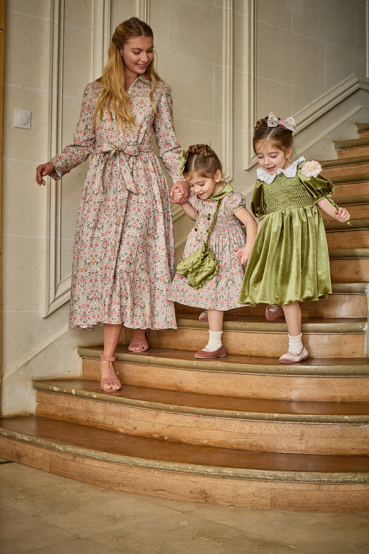 Joséphine, smocked dress, in Olive velvet