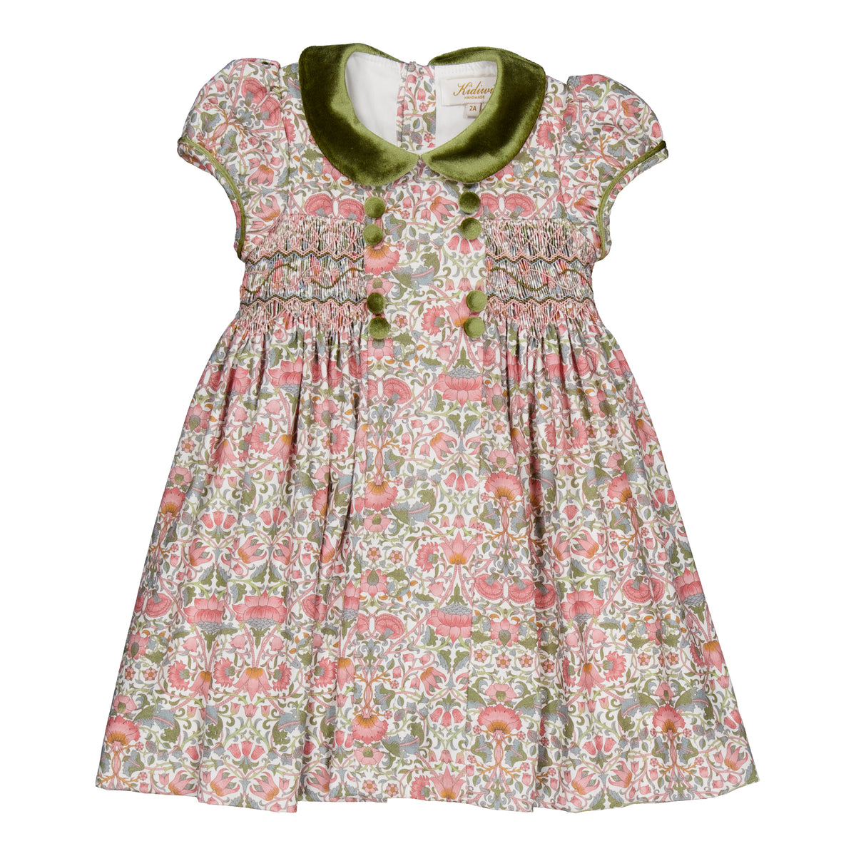 Rison, smocked dress, in Pink baroque flower print with Olive velvet  collar