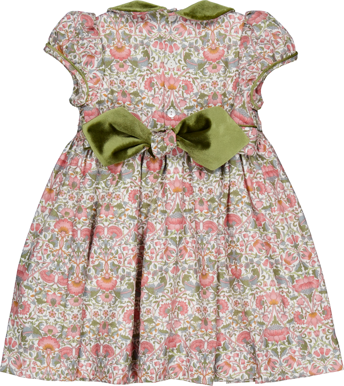 Rison, smocked dress, in Pink baroque flower print with Olive velvet  collar