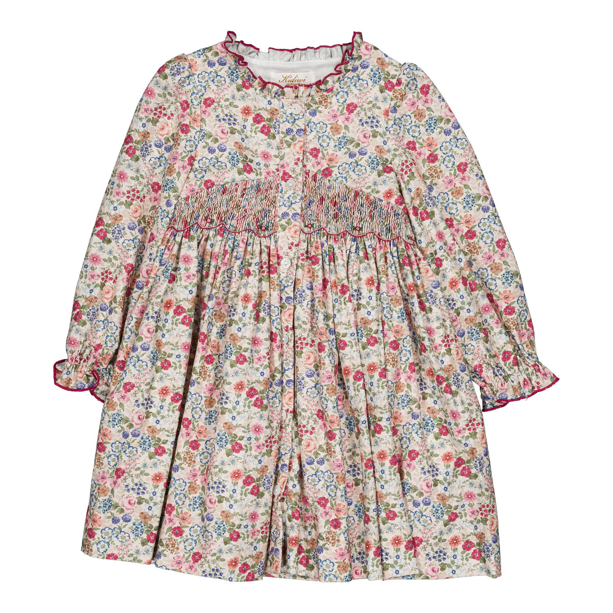Lola, smocked girl dress, in Pink and raspberry floral print