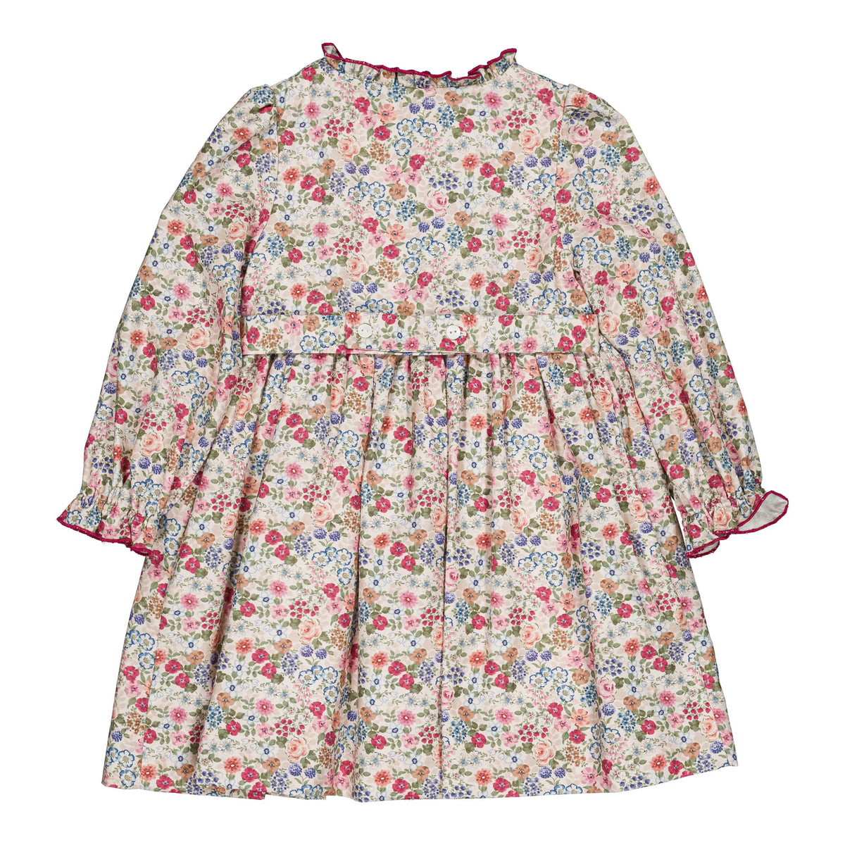 Lola, smocked girl dress, in Pink and raspberry floral print