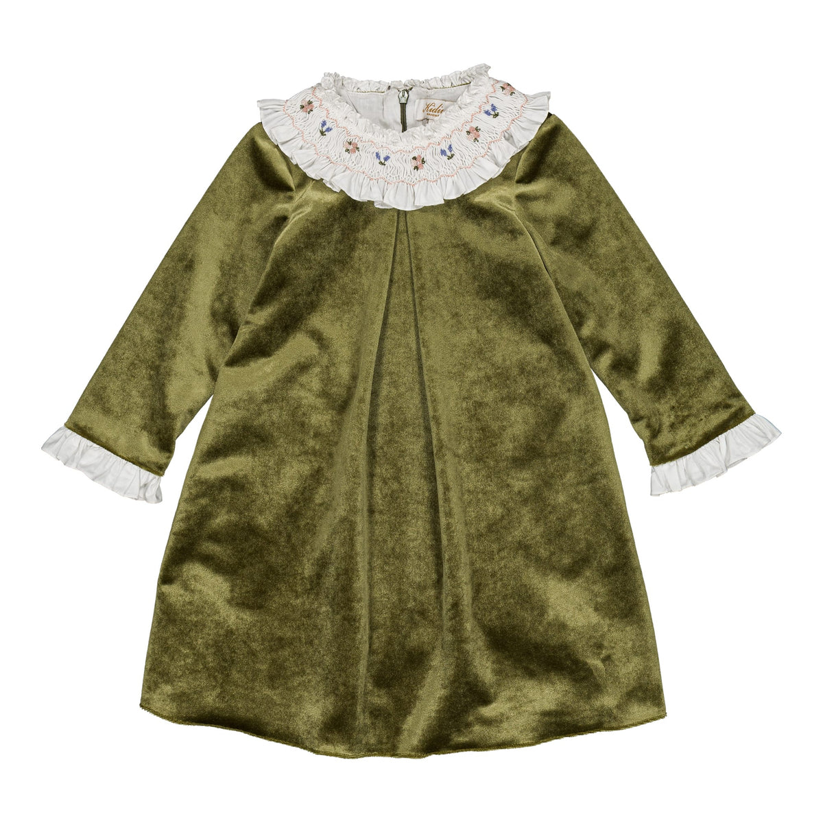 Madeleine, girl dress, in Olive velvet