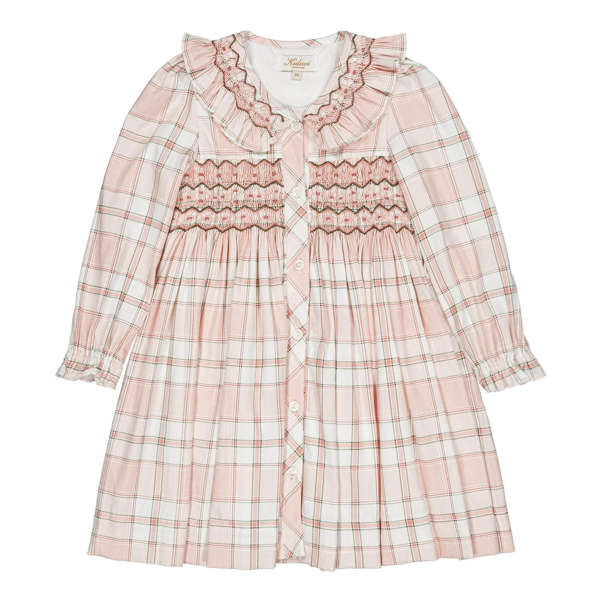 Adeline, smocked girl dress, in Pink tartan
