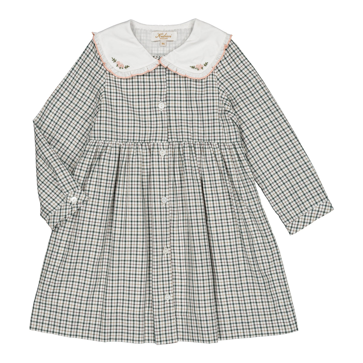Vanille, girl dress, in Forest green checks