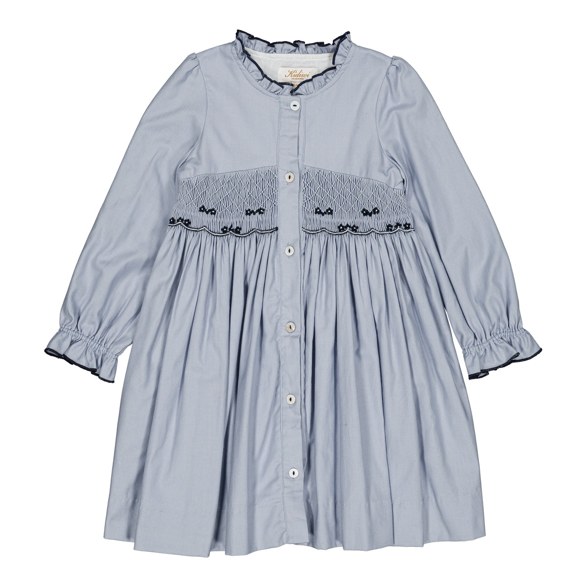 Lola, smocked girl dress, in Artic blue organic cotton twill