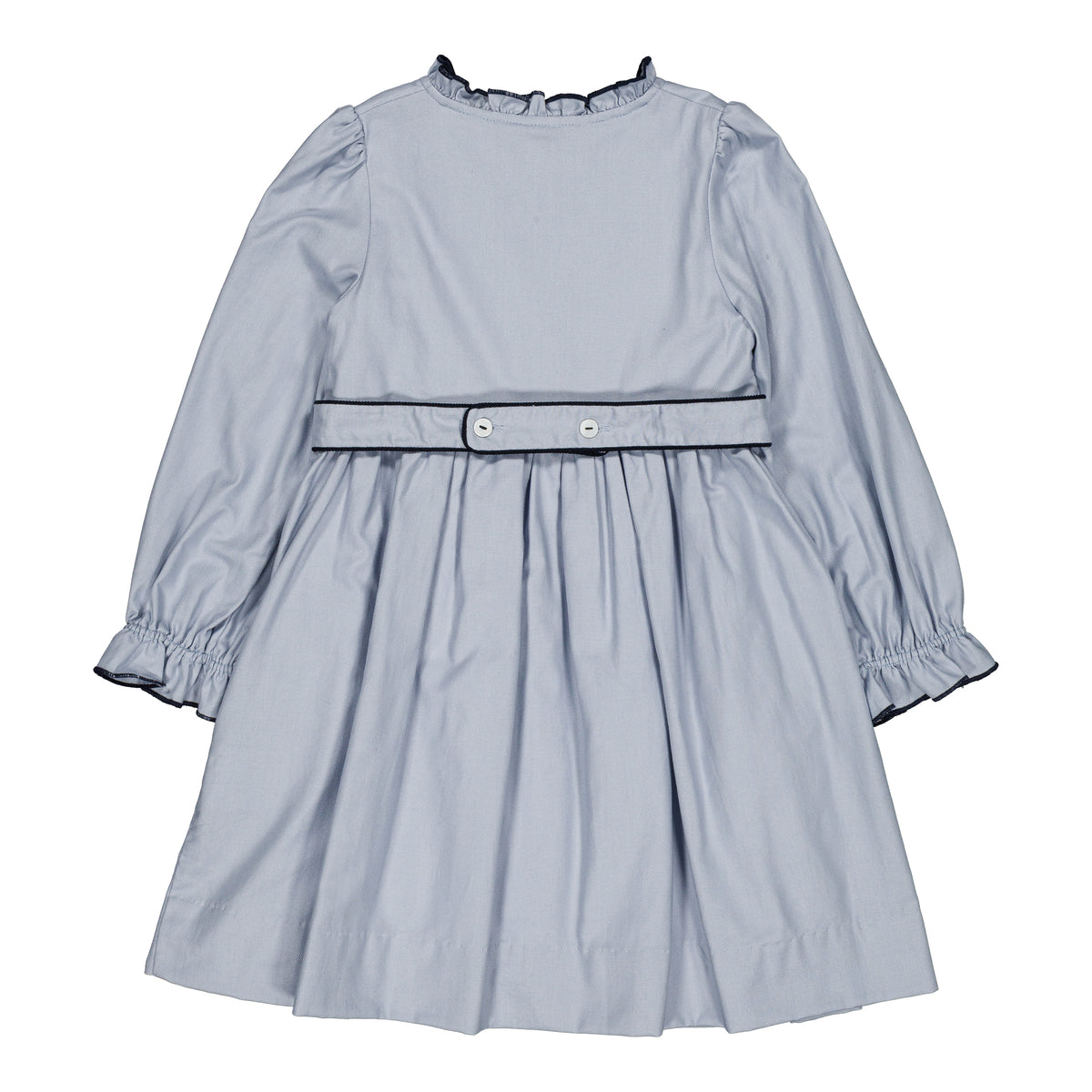 Lola, smocked girl dress, in Artic blue organic cotton twill