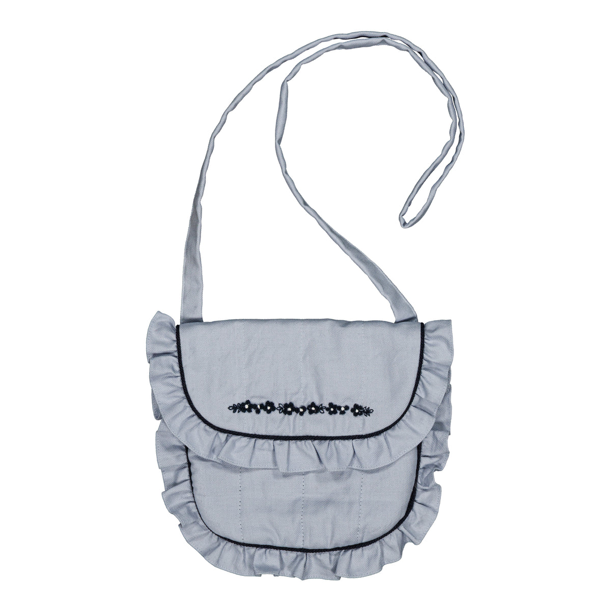 Mimosa, embroidered shoulder bag, in Artic blue organic cotton twill