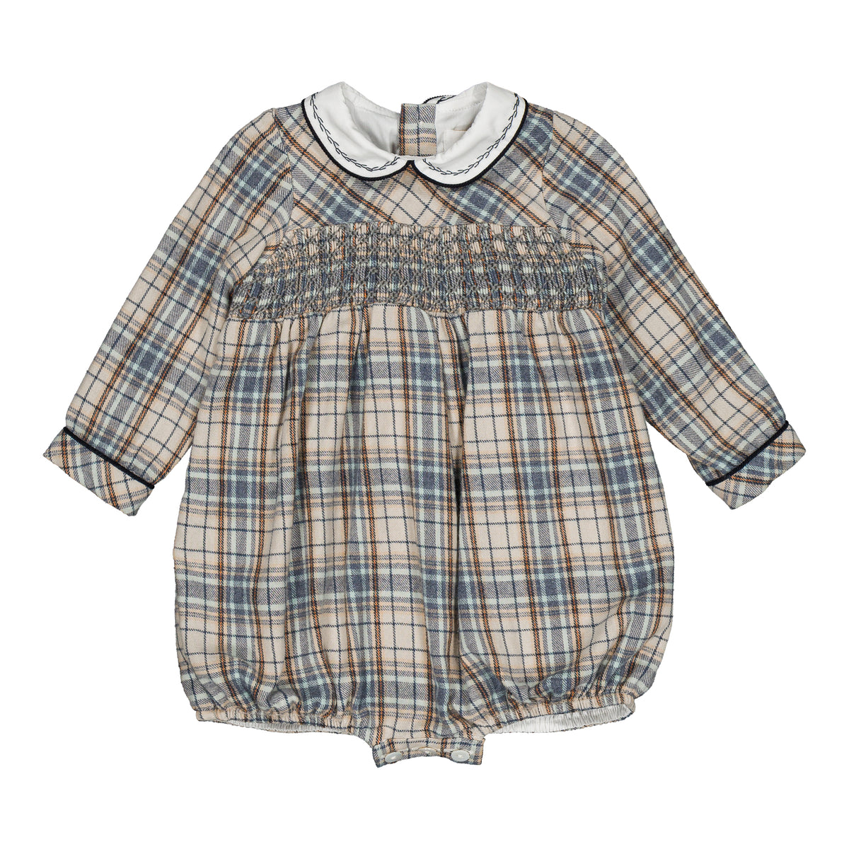 Jeannot, smocked boy romper, in Blue-grey tartan