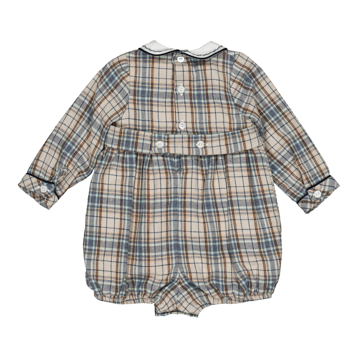 Jeannot, smocked boy romper, in Blue-grey tartan