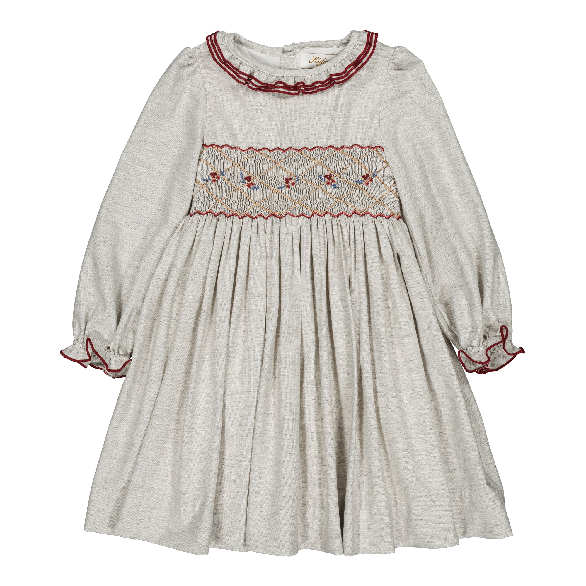 Hars ML, smocked girl dress, in Grey melange organic cotton twill