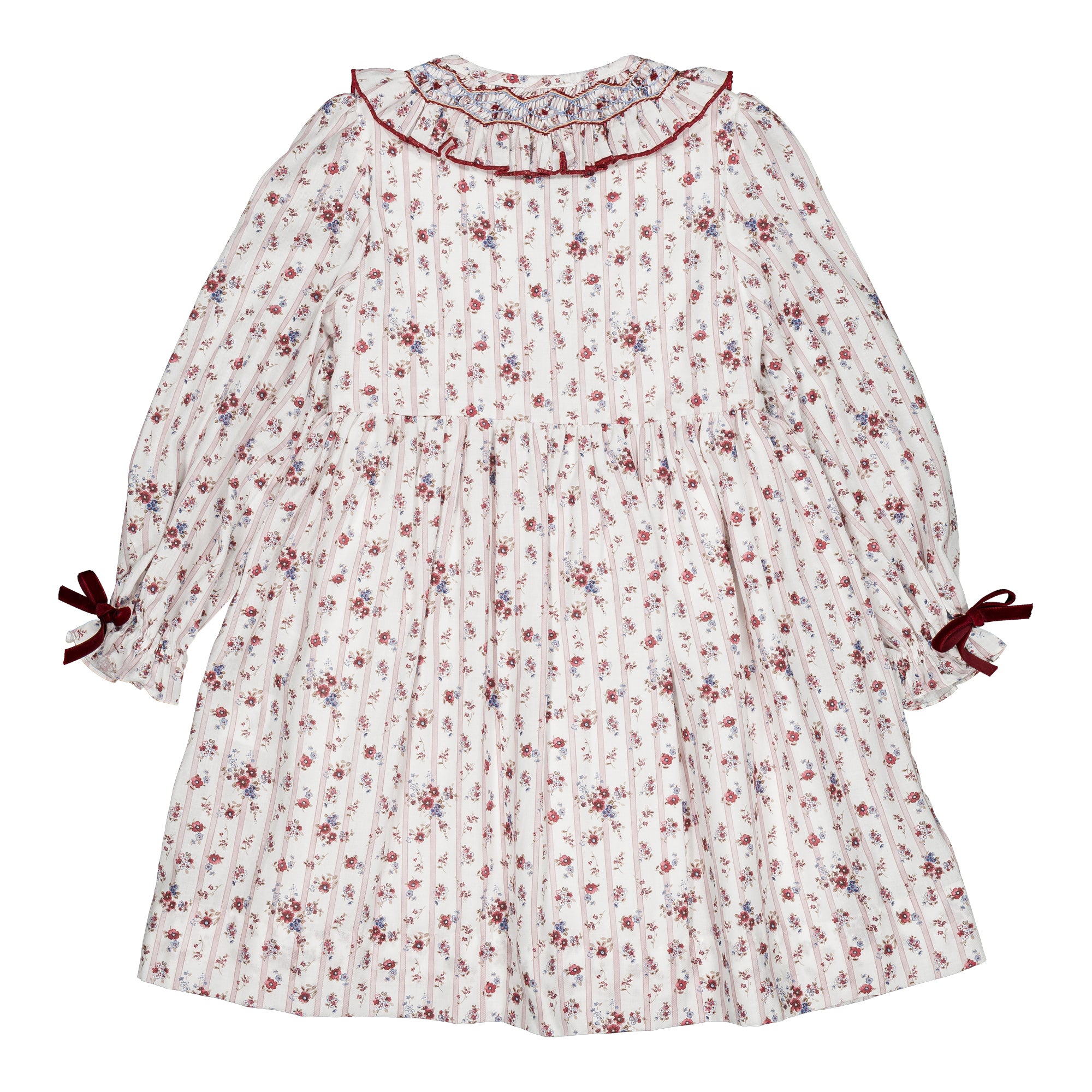 Adeline, smocked girl dress, in Burgundy red floral print with stripes