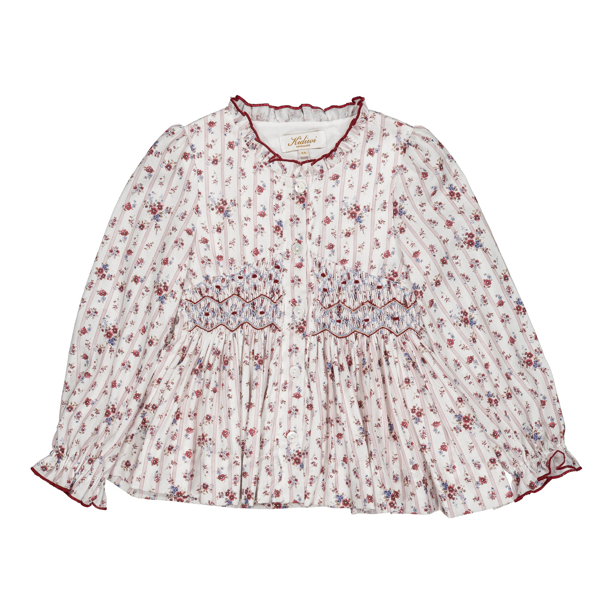 Dolores, smocked girl blouse, in Burgundy red floral print with stripes