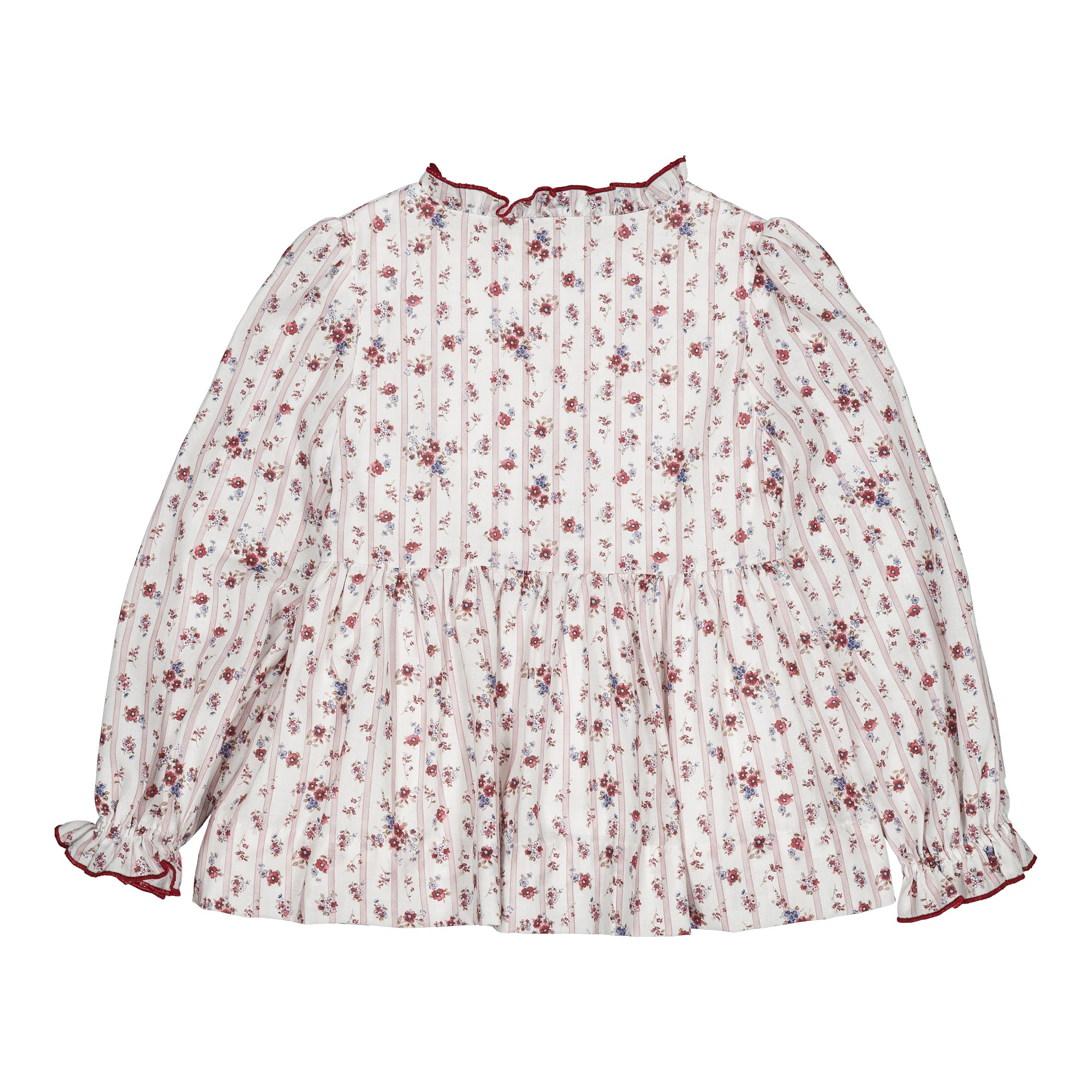 Dolores, smocked girl blouse, in Burgundy red floral print with stripes