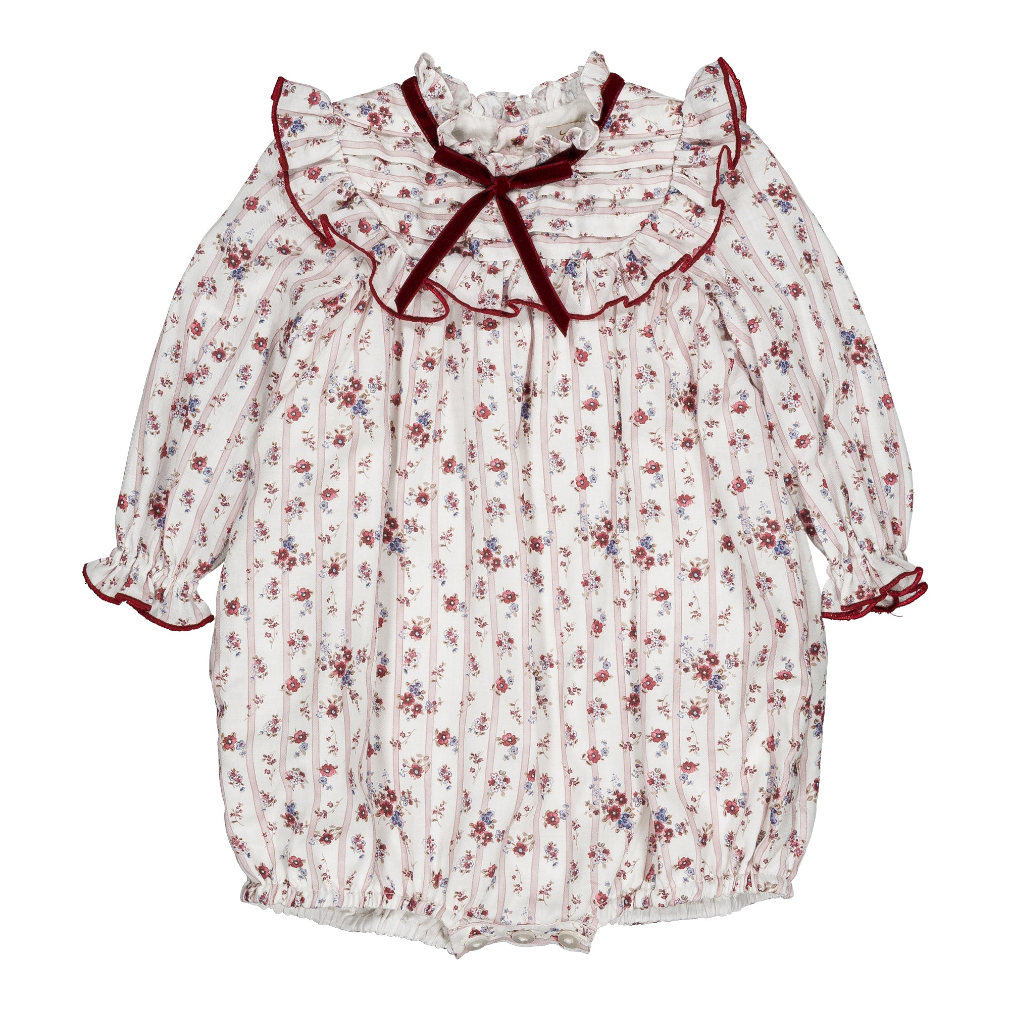 Horsia,  girl romper, in Burgundy red floral print with stripes