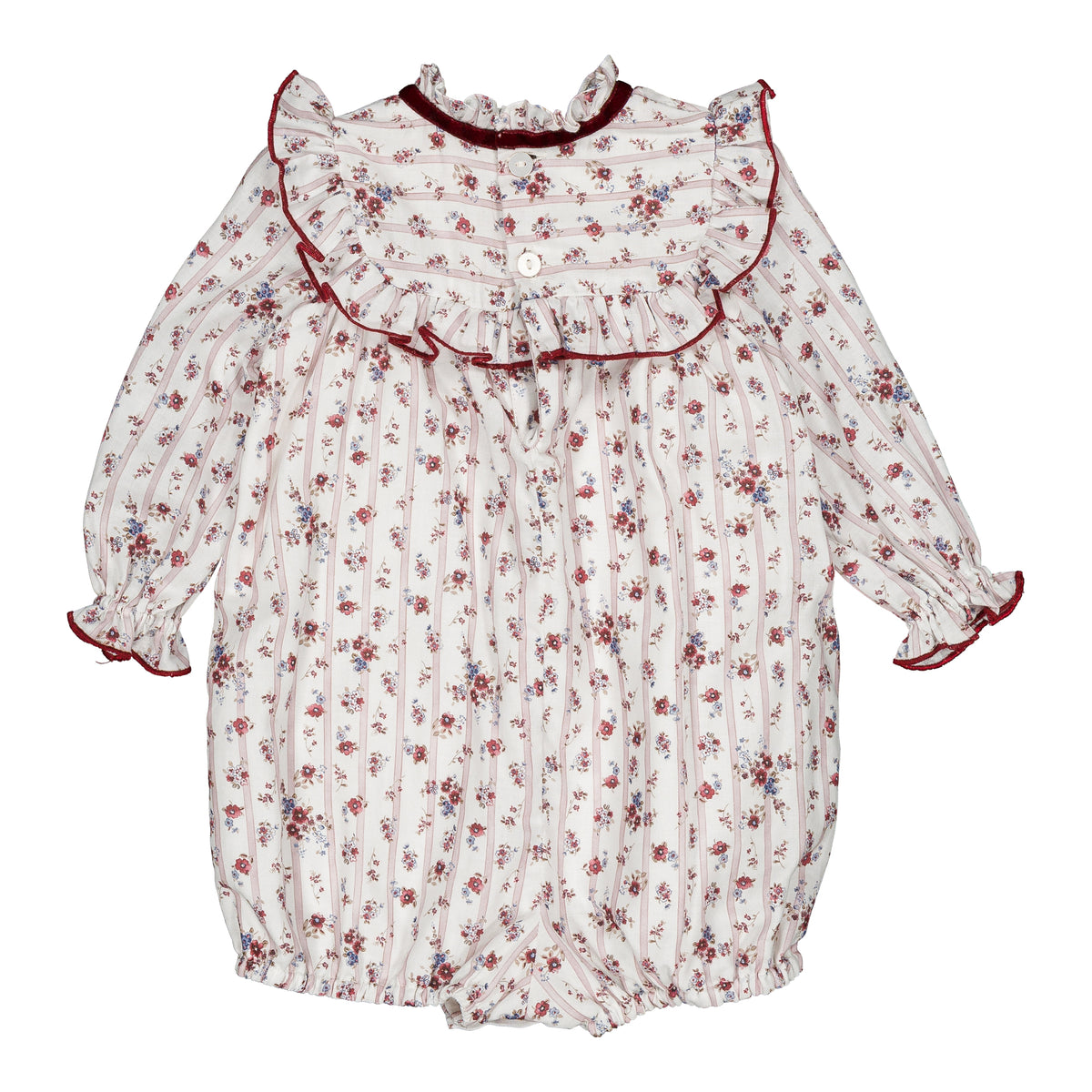 Horsia,  girl romper, in Burgundy red floral print with stripes