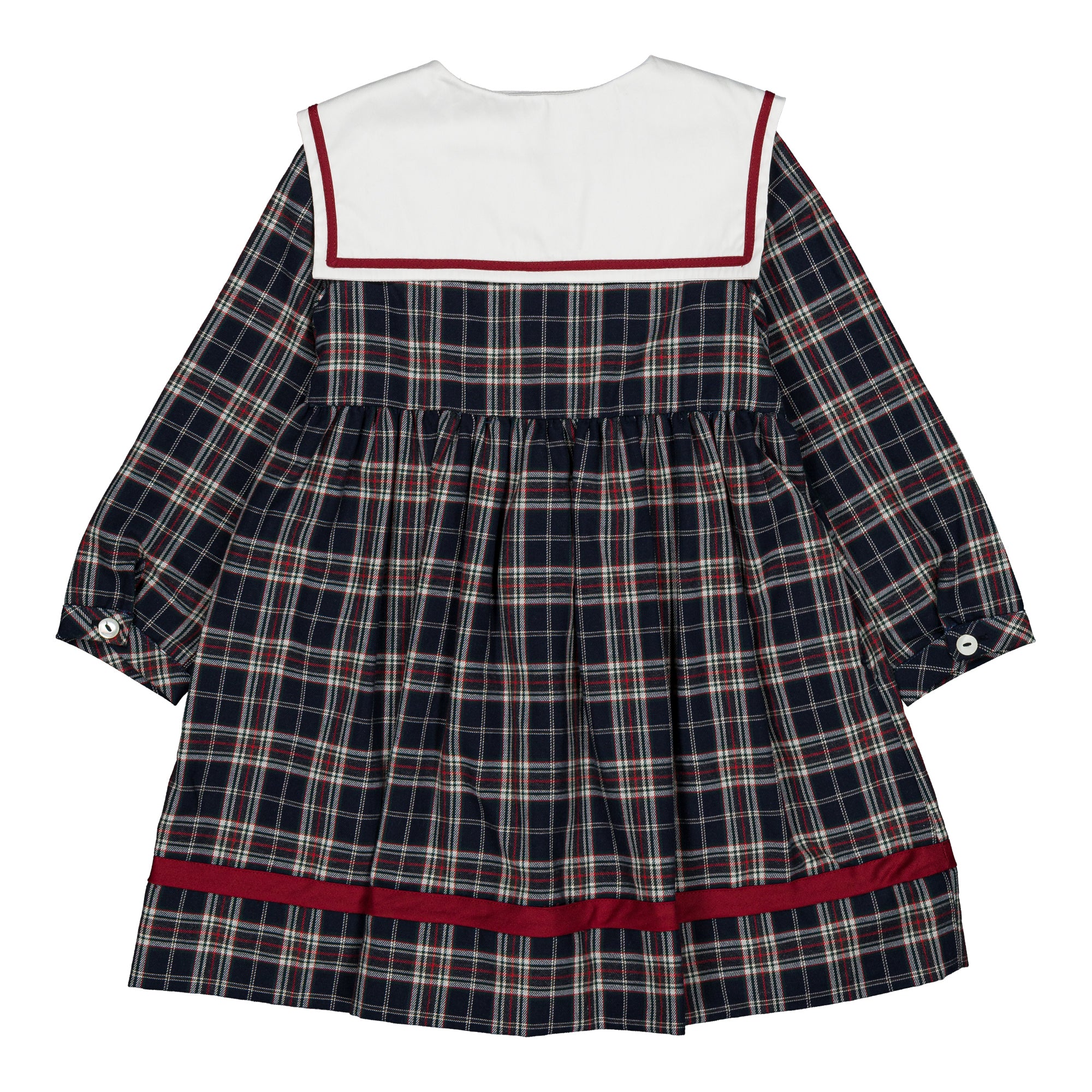 Paola, girl dress, in navy blue and red burgundy tartan