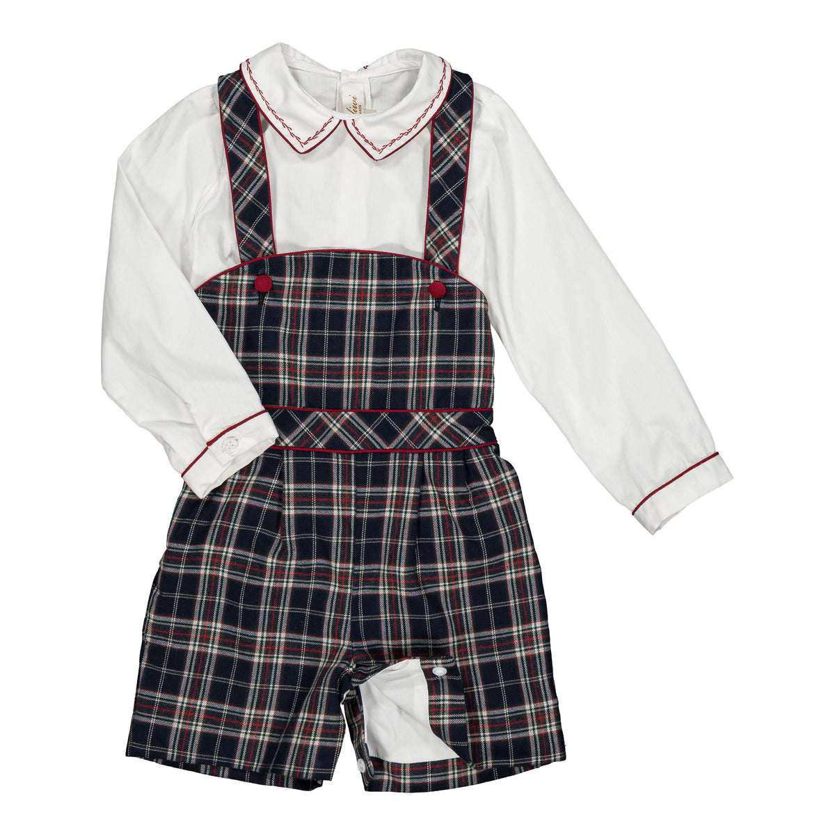 Basile & Firmin, baby boy set, in White poplin & navy blue and red burgundy tartan