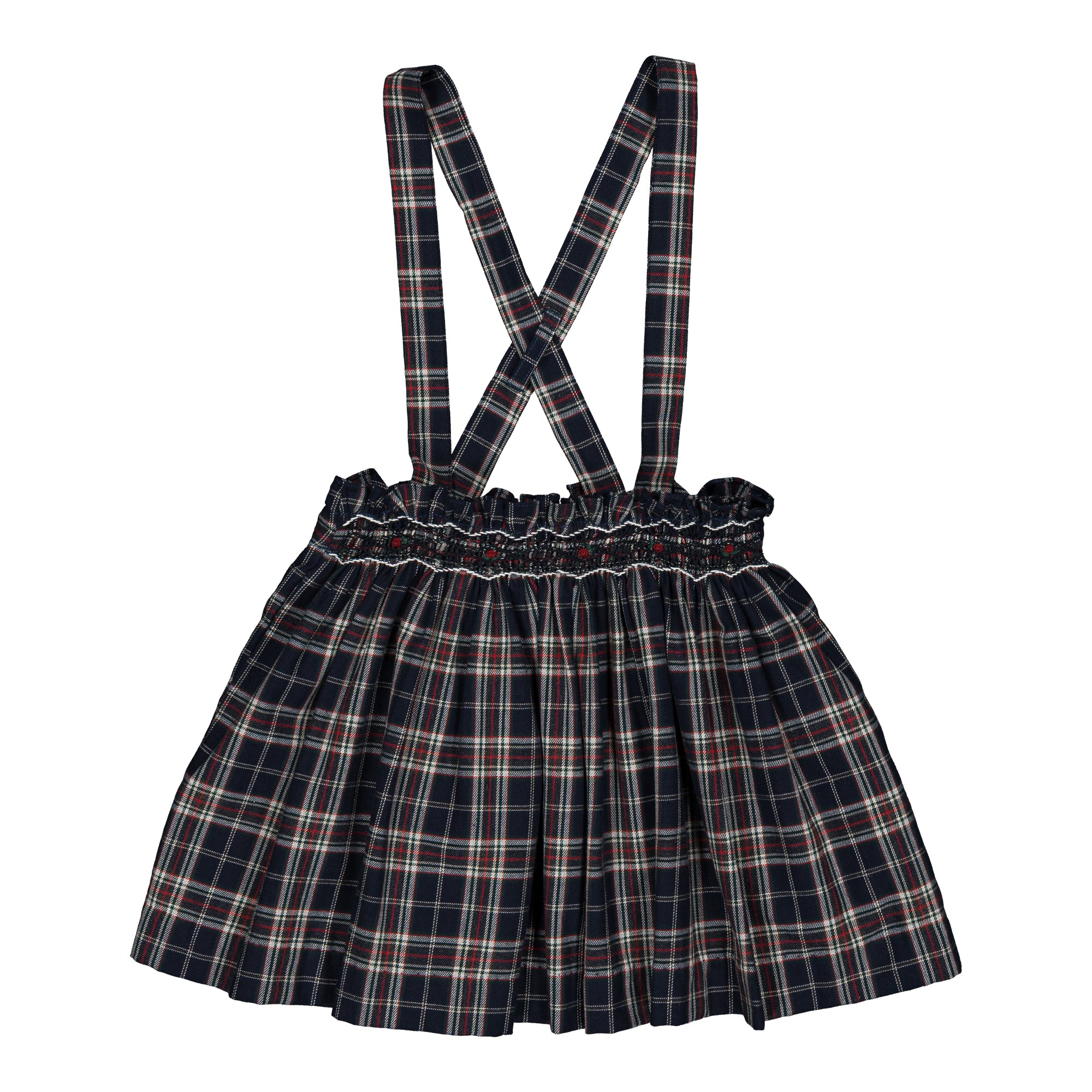 Louise, smocked skirt, in navy blue and red burgundy tartan