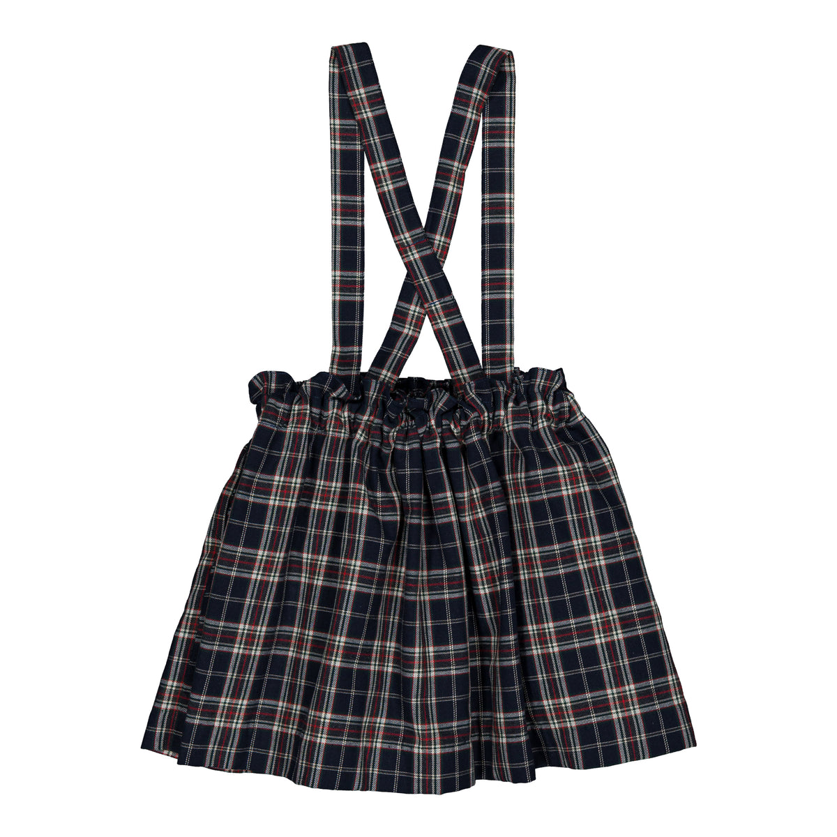 Louise, smocked skirt, in navy blue and red burgundy tartan