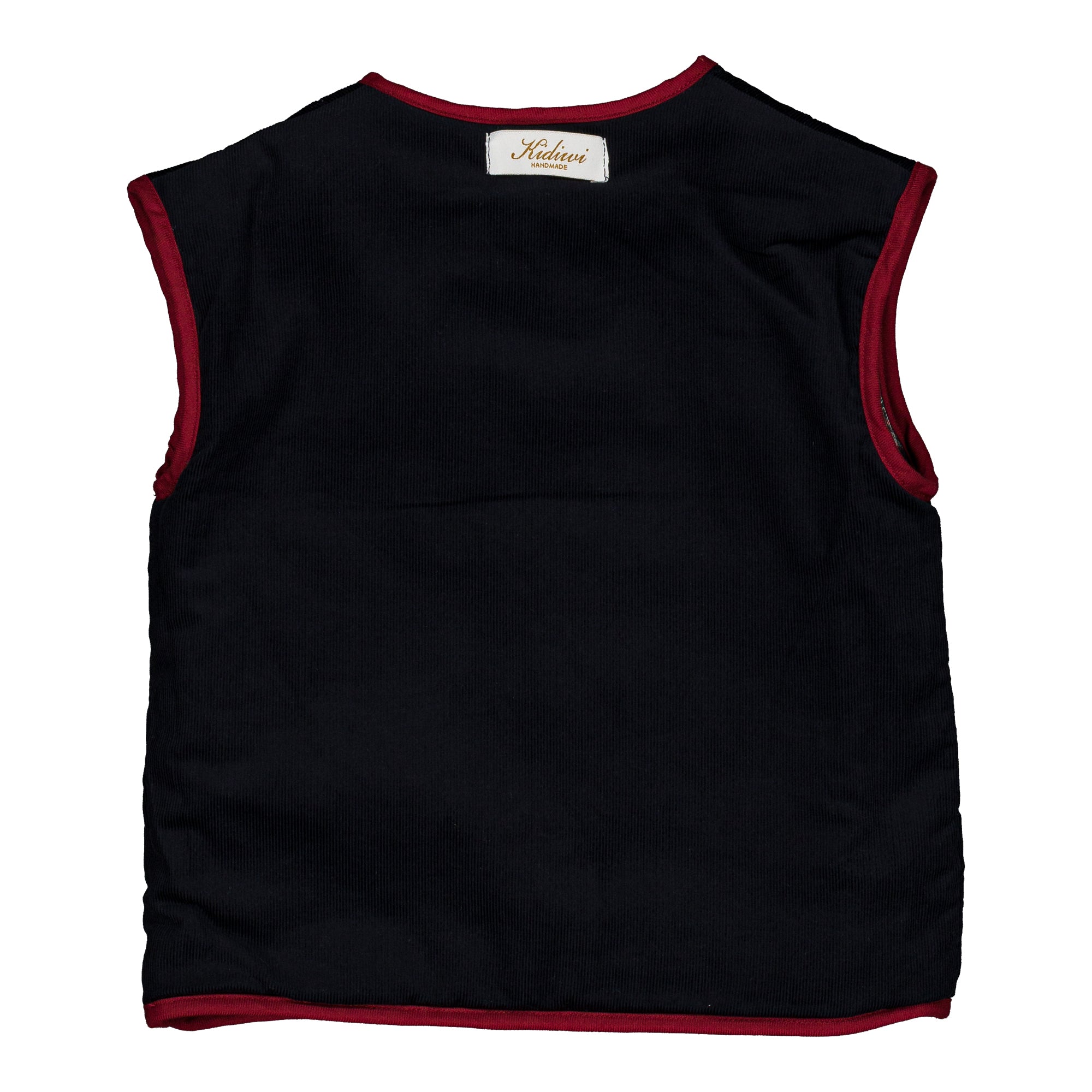 Béranger, reversible sleeveless jacket, in navy blue and red burgundy tartan & Navy corduroy
