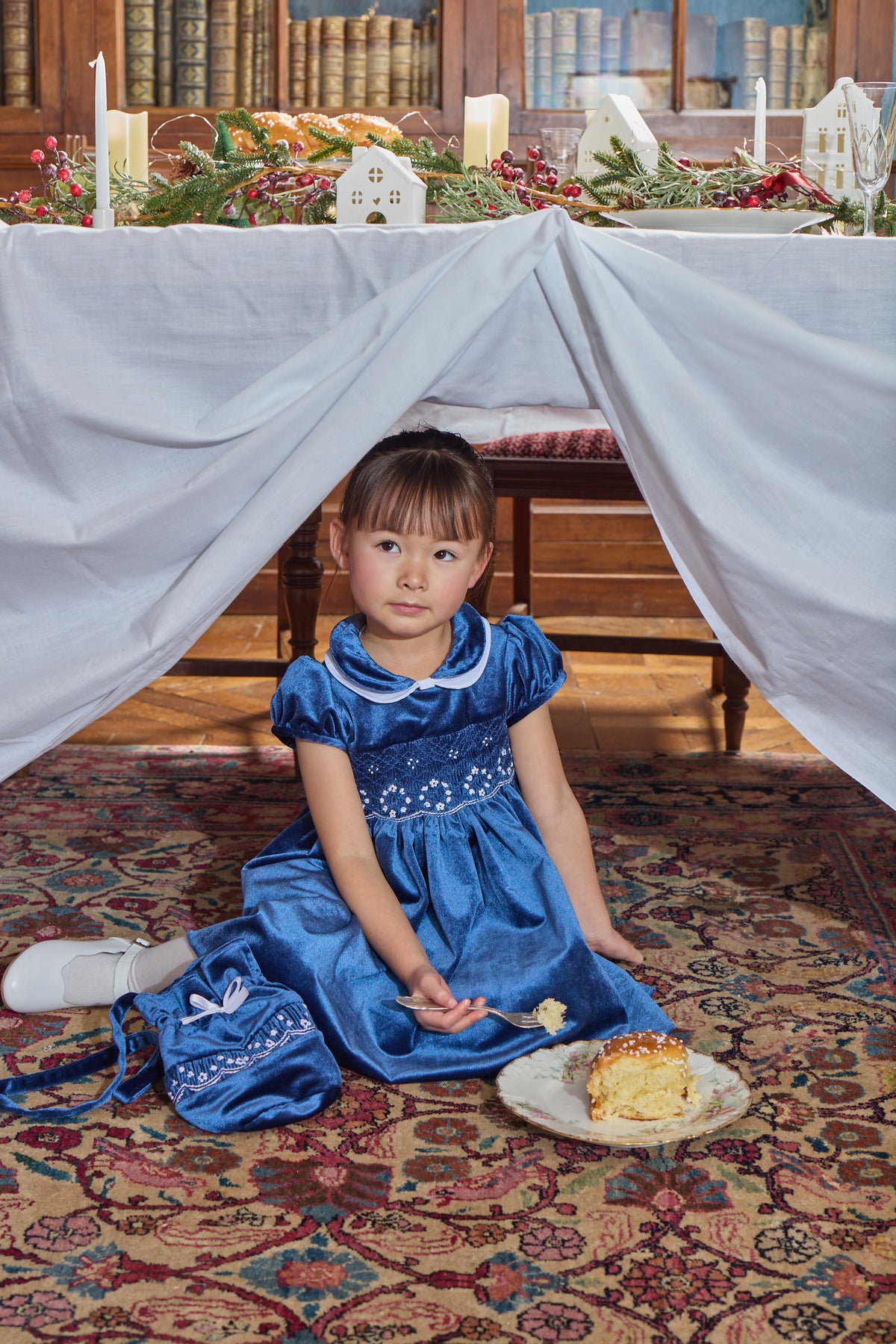 Mathilde girl's smocked navy blue velvet dress