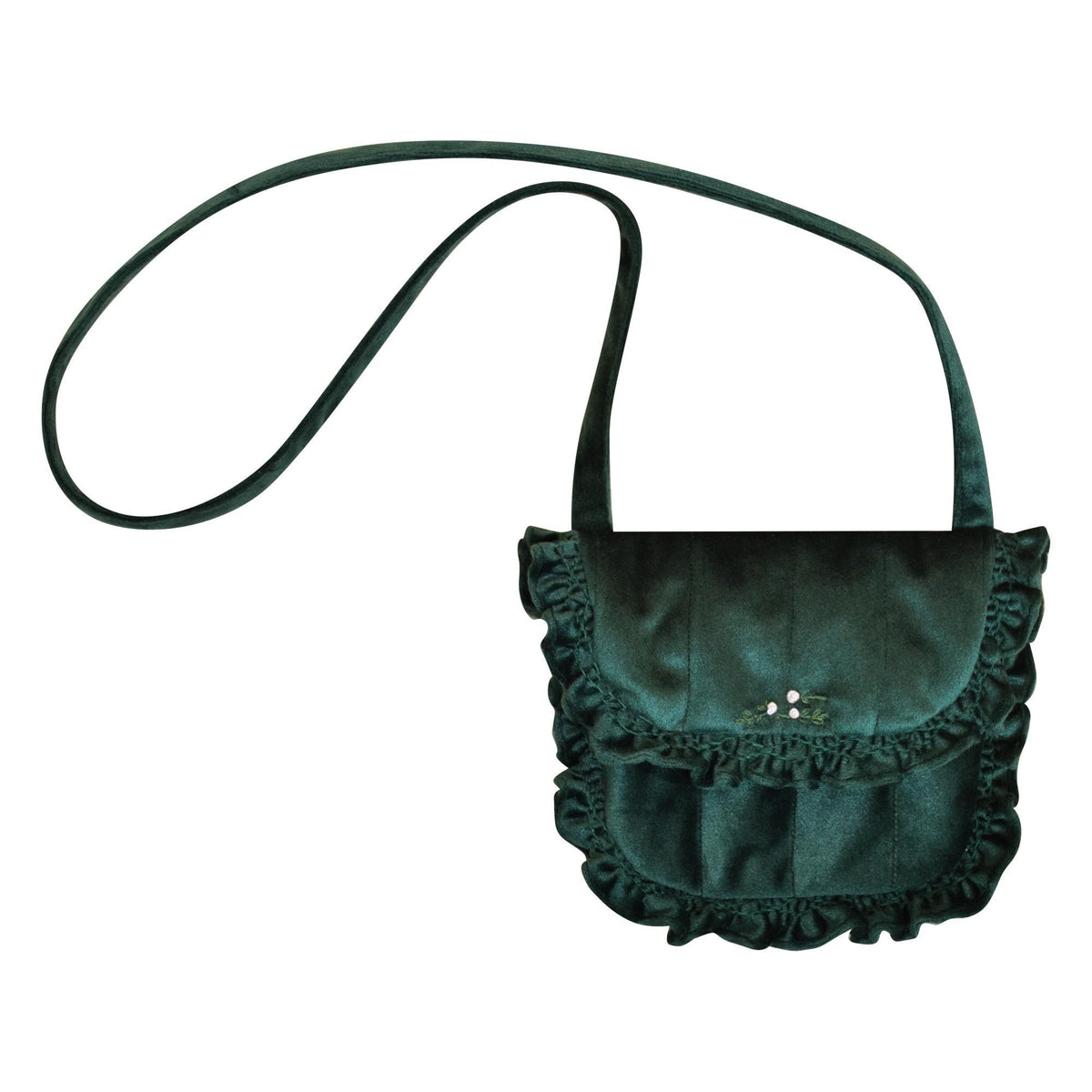 Mimosa, Embroidered shoulder bag, with small smocked ruffles, printed lining (19x16cm), in Emerald green velvet