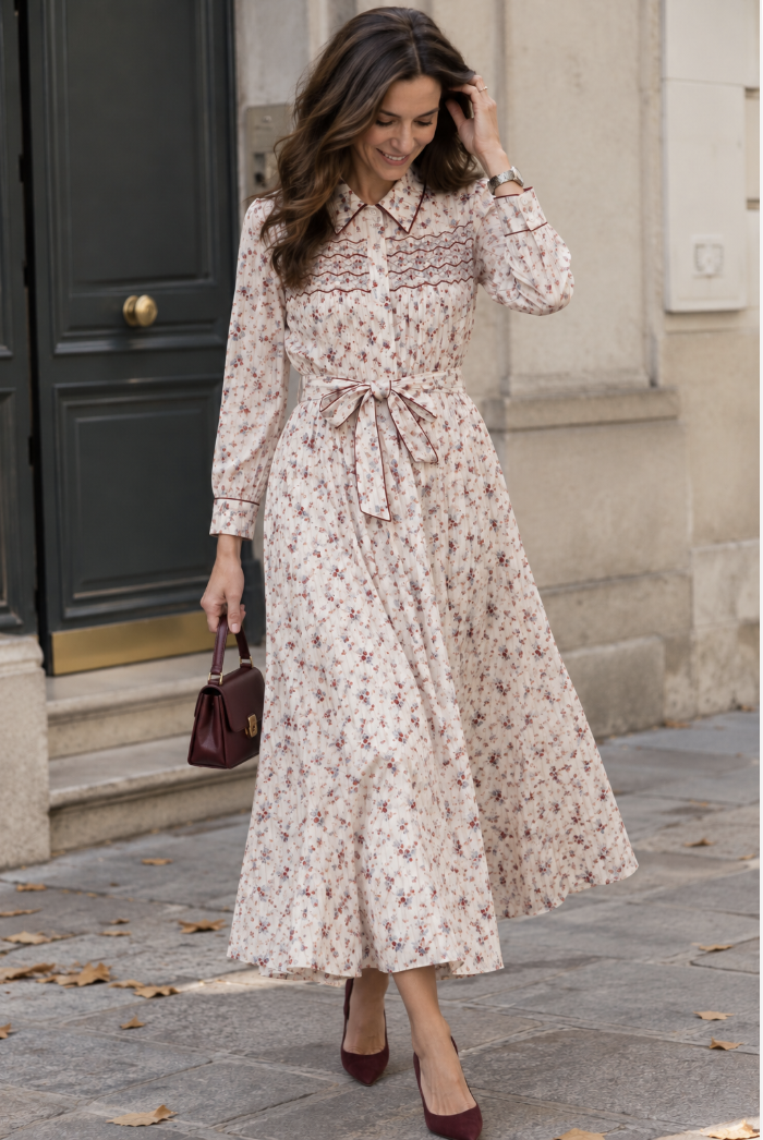 Donna, woman dress, in Burgundy red floral print with stripes
