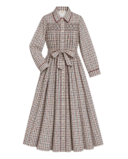 Donna, smocked women's dress, in off-white, navy blue, and burgundy red checks