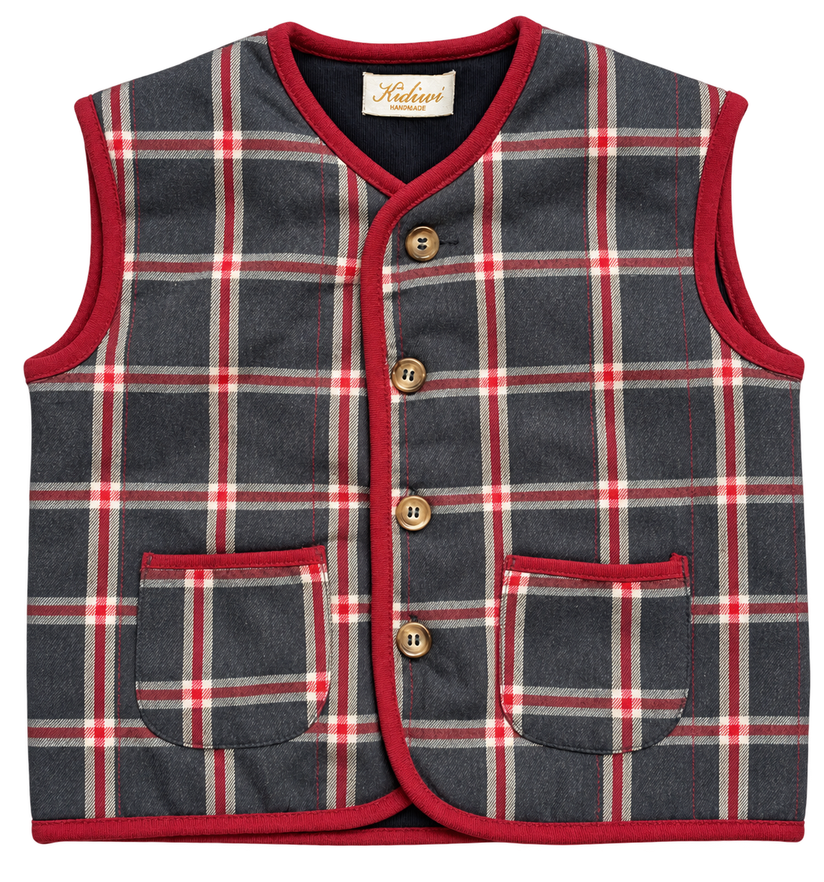 Béranger, veste sans manches réversible, en tartan bleu marine et rouge bordeaux et en velours côtelé bleu marine