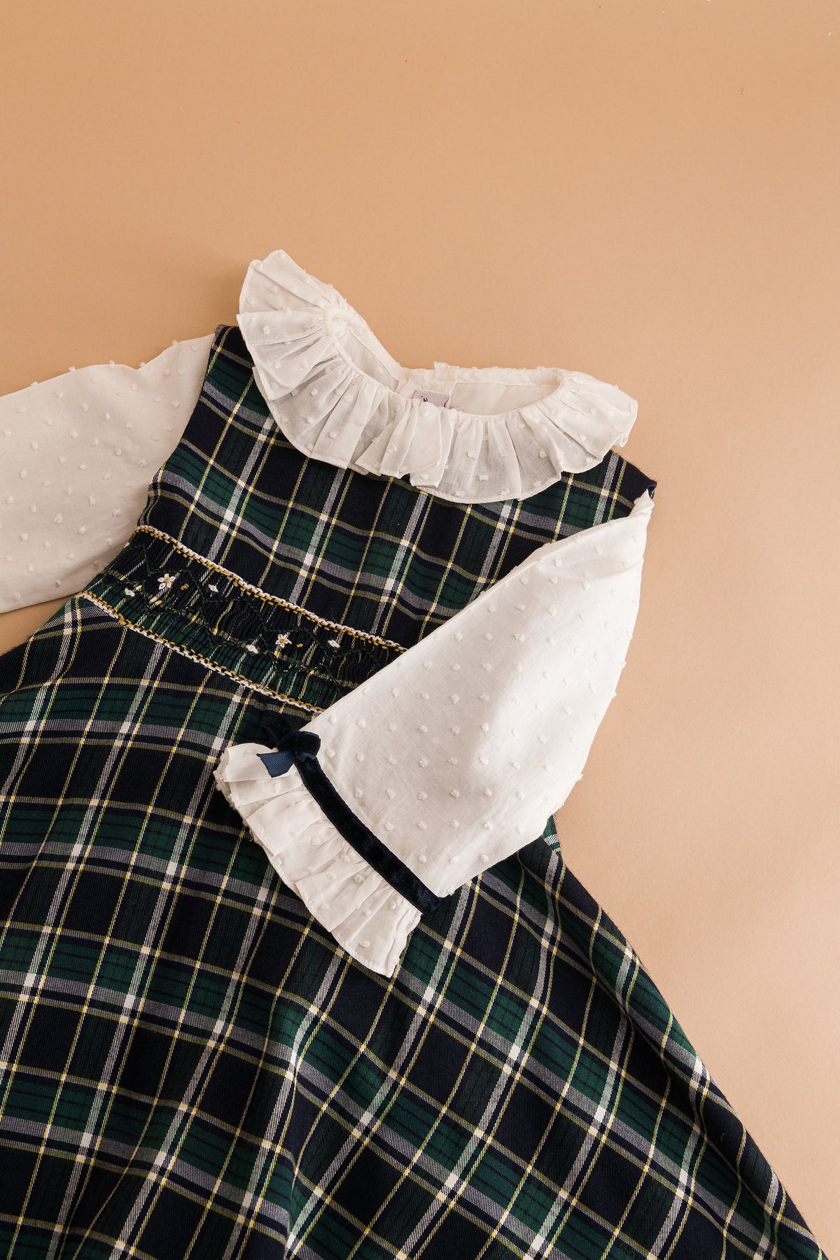 Estelle, Girl blouse, in Off white plumetis / navy velvet