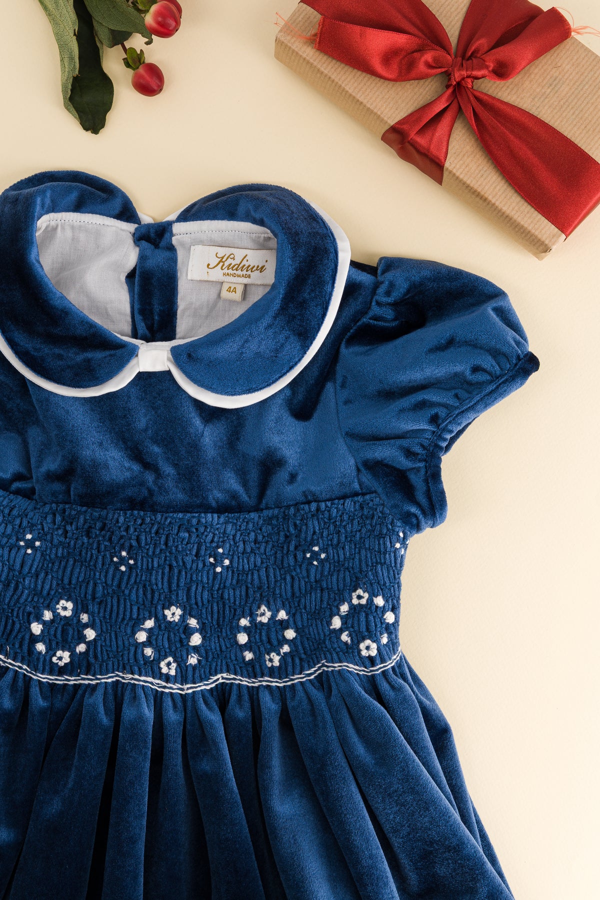 Mathilde girl's smocked navy blue velvet dress