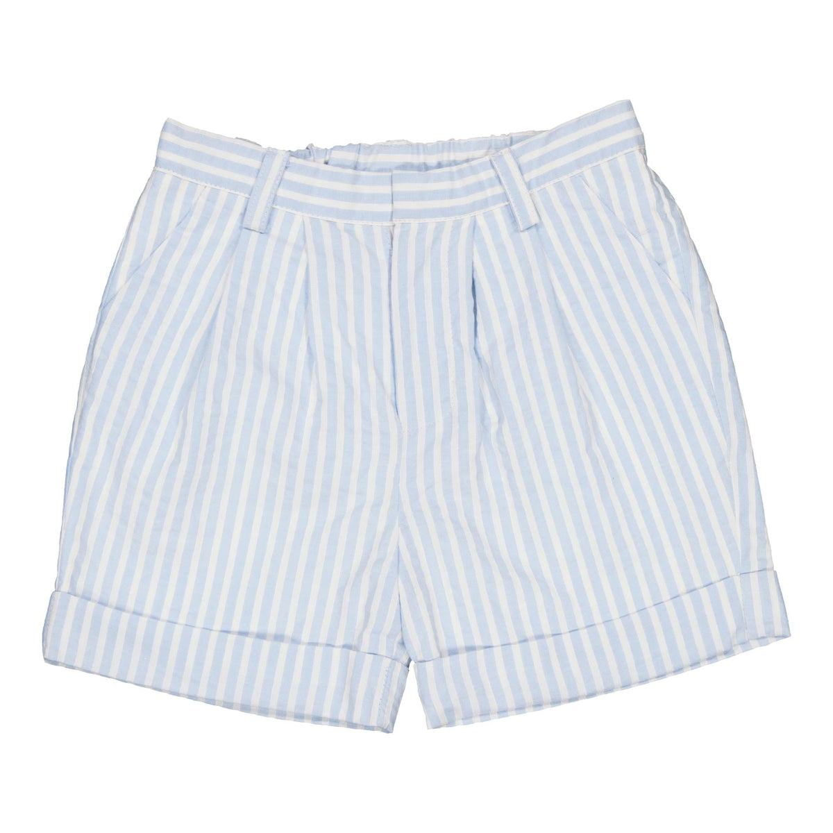 Adam, boy short with rolled up bottom, in Blue and white seersucker stripes