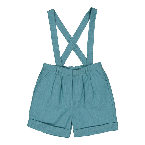 Adamo, boy short with removable suspenders and rolled up bottom, in Teal Linen