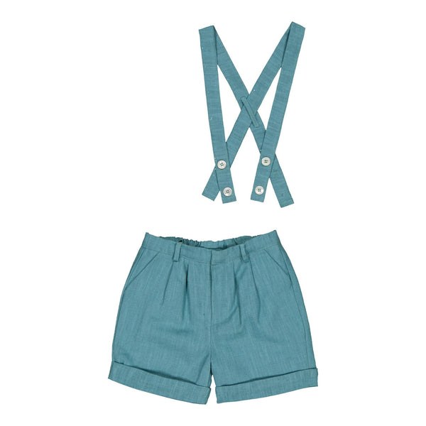 Adamo, boy short with removable suspenders and rolled up bottom, in Teal Linen