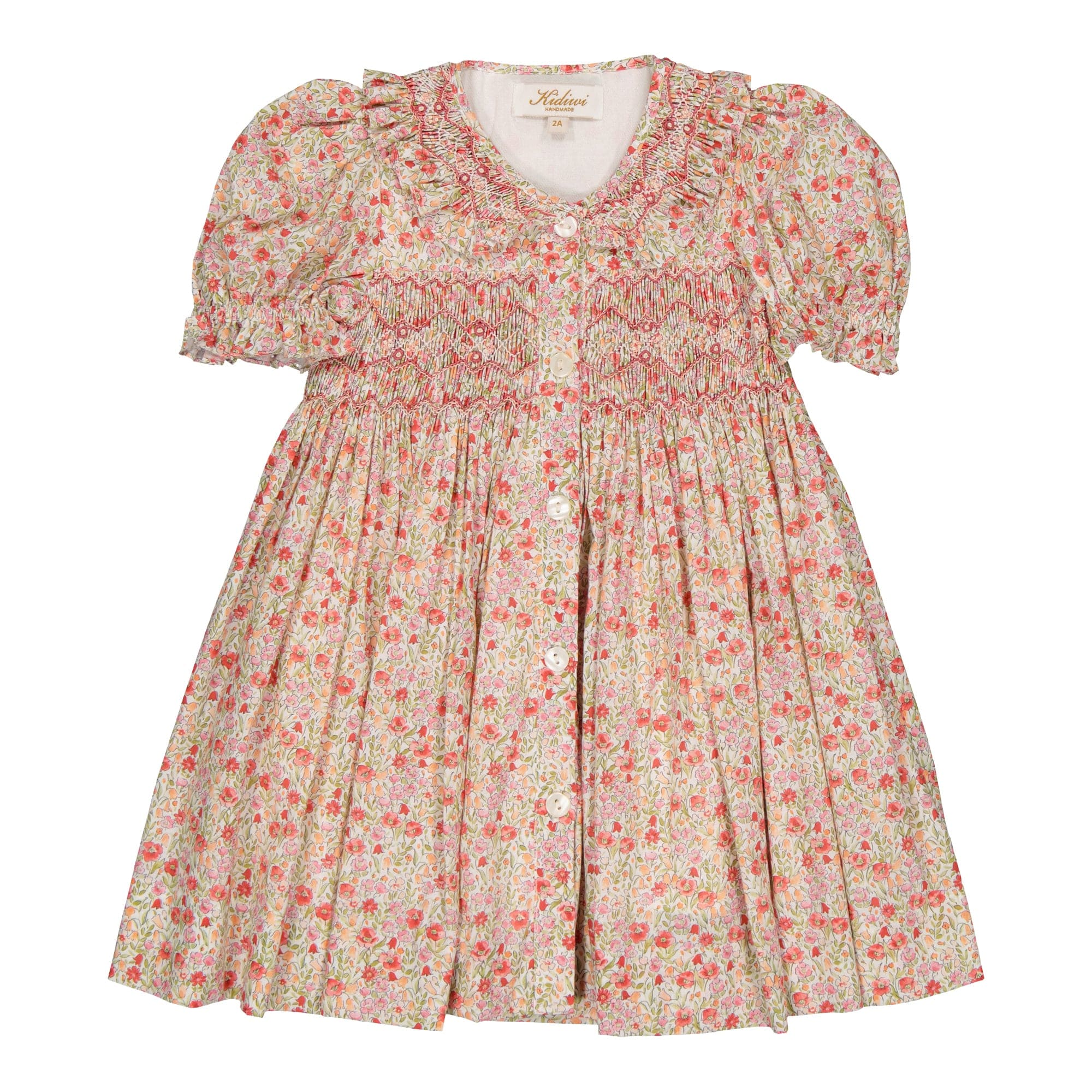 Adeline MC, robe à smocks imprimé fleuri rouge