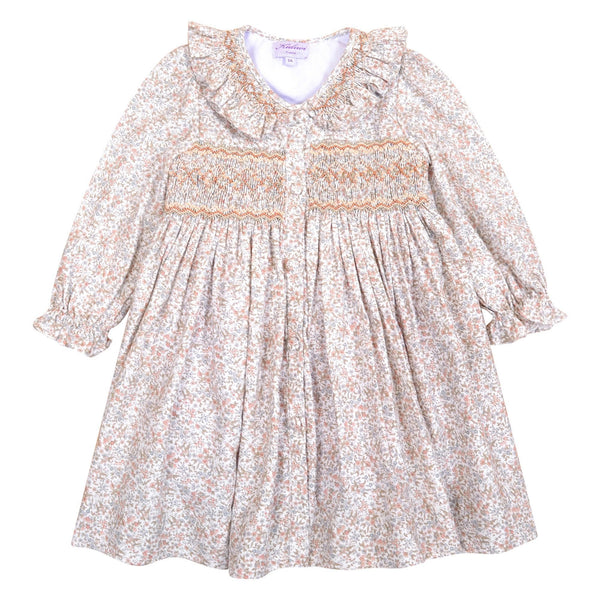 Adeline, Robe manches longues, col volanté smocké, taille smockée, en Rose nude / Imprimé fleuri bleu ciel - Adeline, Long-sleeved dress, smocked ruffled collar,smocked waist, in Rose nude / Sky blue floral print