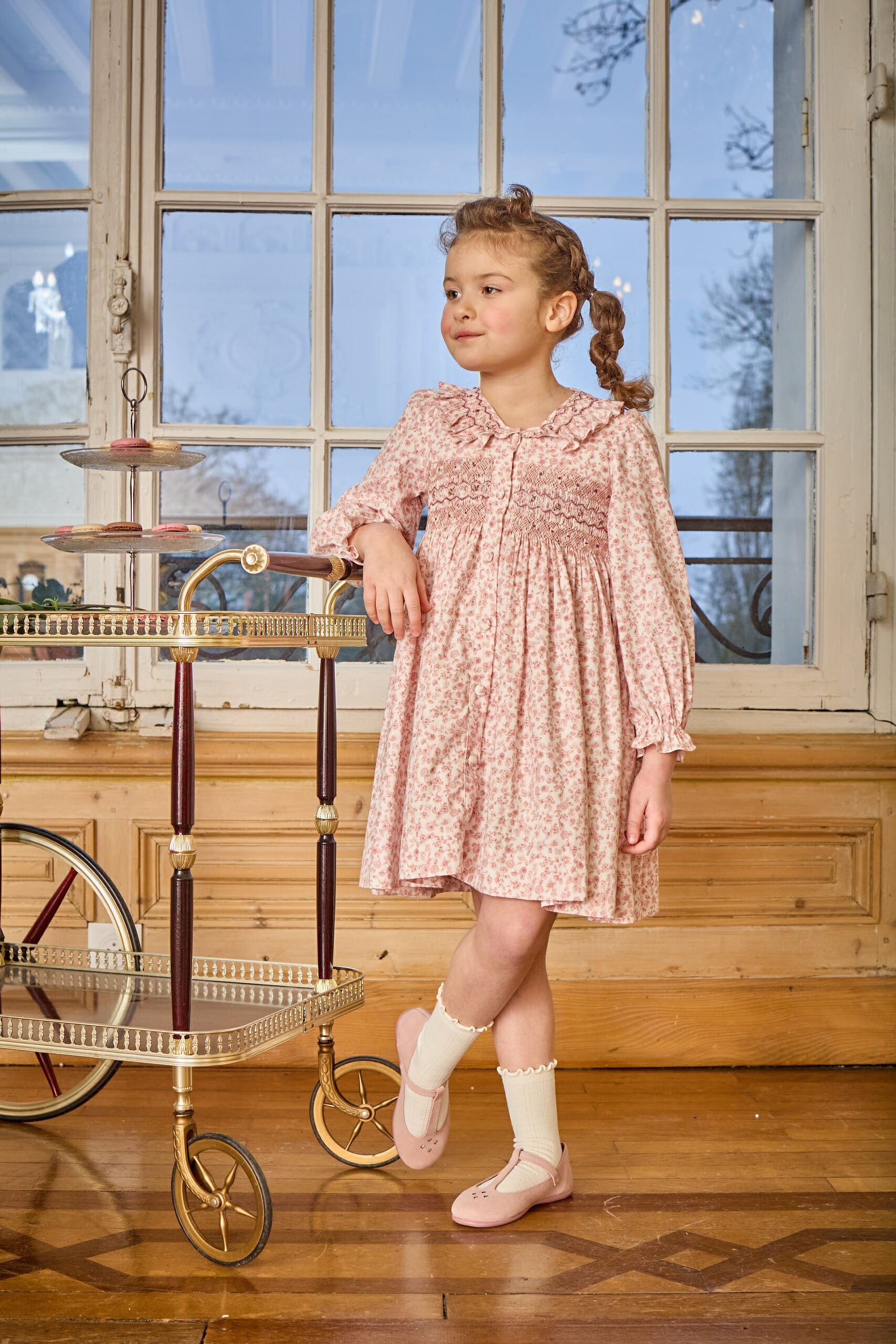 Adeline, robe smockée, imprimé vieux rose