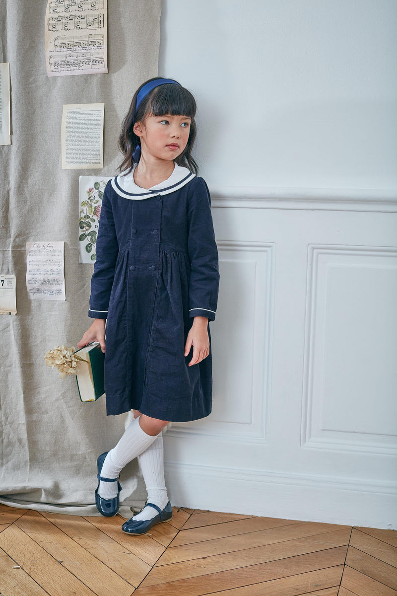 Ambre, Straight long-sleeved dress, shawl collar, double-breasted opening,  in Navy corduroy