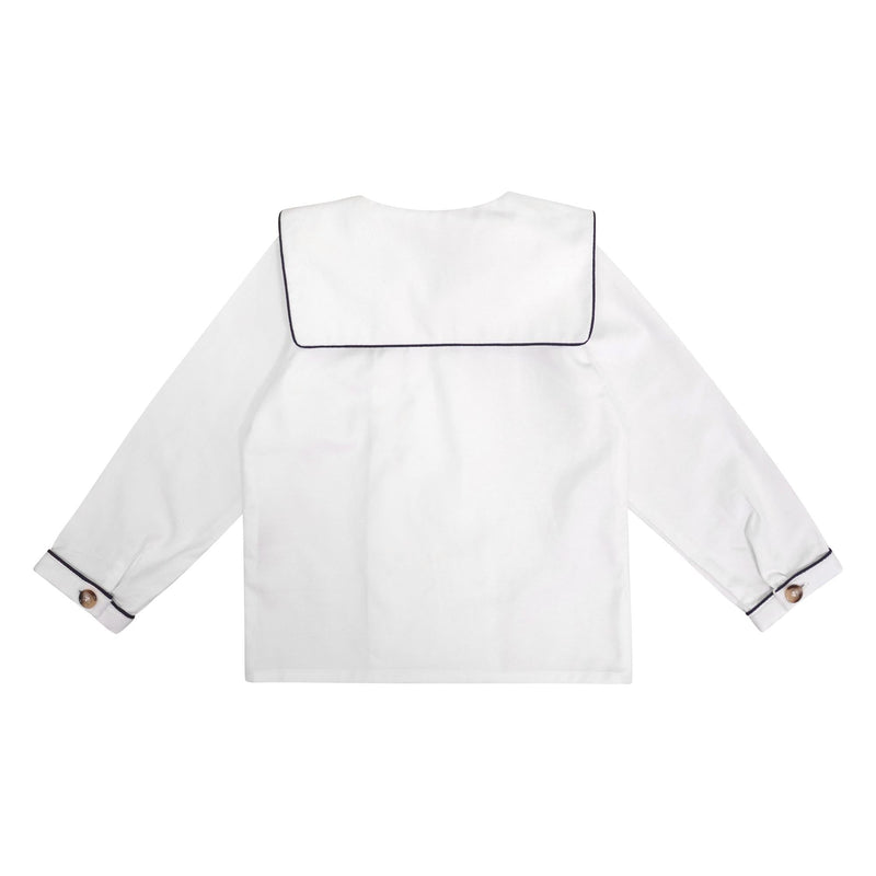 Ambroise, Boy's long-sleeved shirt, sailor collar with navy piping, double-breasted opening, in off-white organic cotton twill