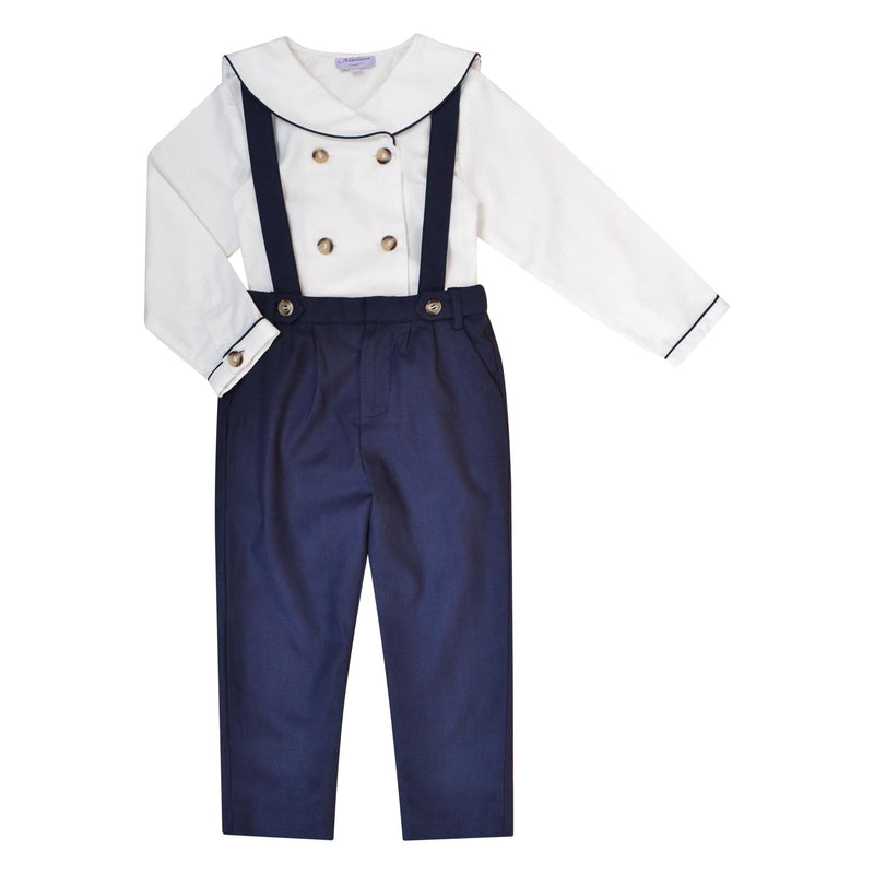 Ambroise, Boy's long-sleeved shirt, sailor collar with navy piping, double-breasted opening, in off-white organic cotton twill