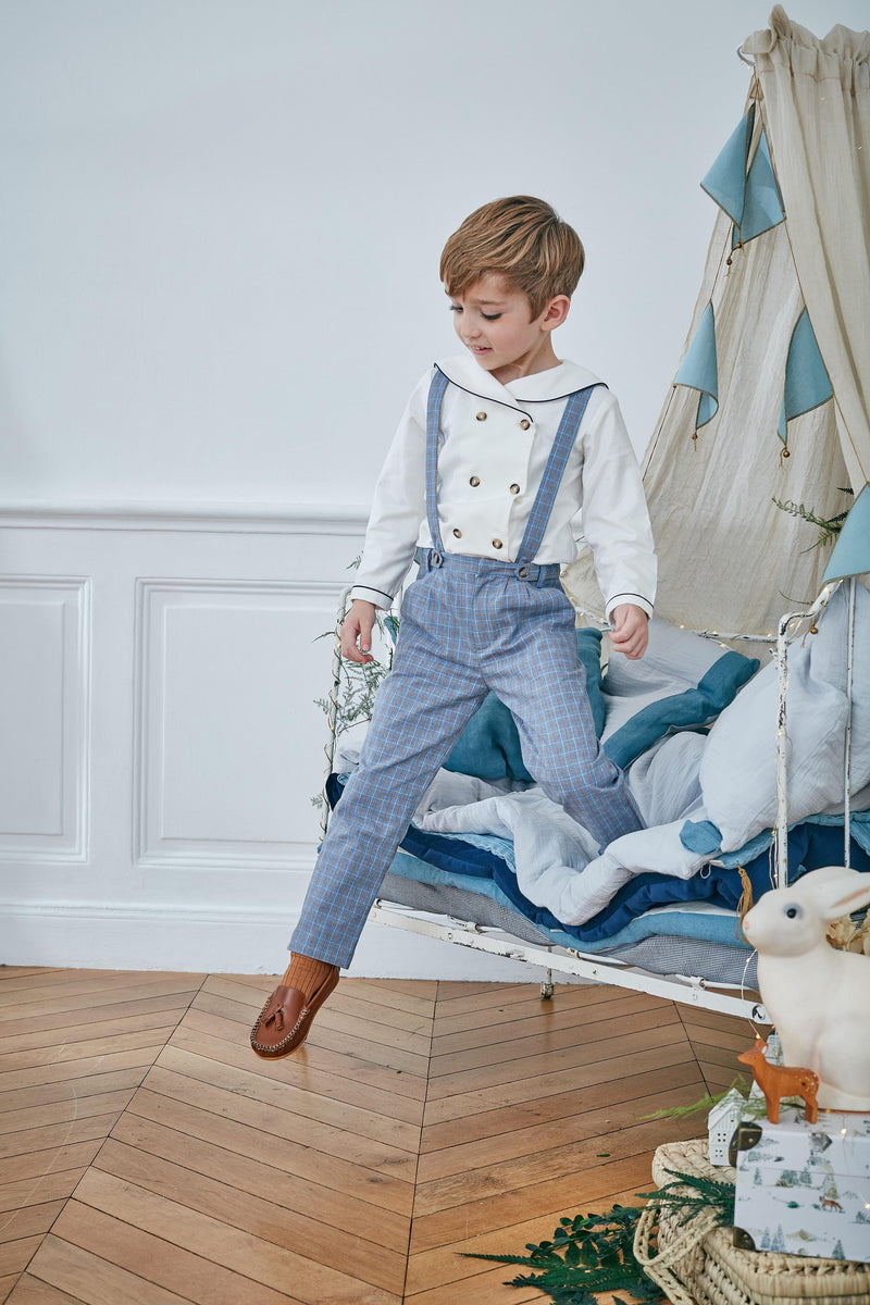 Ambroise, Boy's long-sleeved shirt, sailor collar with navy piping, double-breasted opening, in off-white organic cotton twill