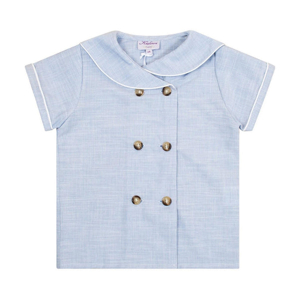 Ambroise, boy's short-sleeved shirt, piped collar, double-breasted front, boat neck in the back, in 1mm blue and white stripes